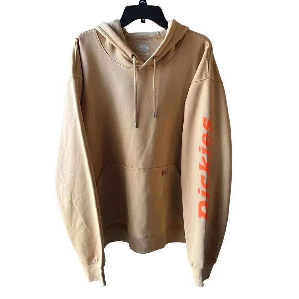 Dickies Men Hoodie Pullover Fleece Water Repellent Tan & Orange Logo Sleeve 2XL
